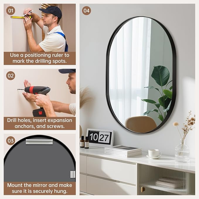 Black Oval Mirror, 17"x30" Oval Bathroom Mirror, Matte Black Mirror with Aluminium Alloy Frame, Anti-Rust, Tempered Glass, Wall-Mounted Modern Mirror for Bathroom, Bedroom, Living Room