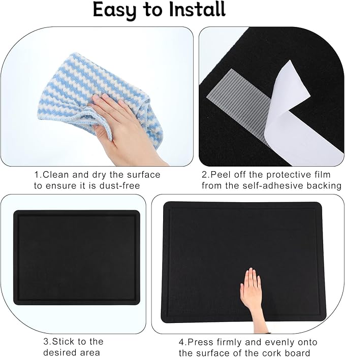 Thboxes Bulletin Board, 36" x 24" Foldable Cork Board Felt Pin Boards with 35 Pushpins Self-Adhesive Photo Decorative Felt Boards for Walls, Office, School, Classroom, Home, Bedroom - Black
