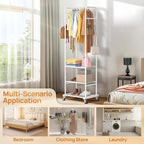 Clothes Rack with Wheels, Freestanding Garment Rack with 3 Metal Shelves for Hanging Clothes, Portable Hanging Rod for Small Room, Bedroom, Bathroom (White)