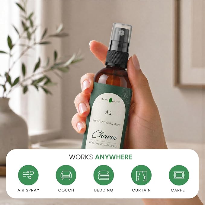 Natural Room & Linen Spray, A2 Charm, Made with Essential Oils & Natural Vegan Ingredients - Freshen Your Space with the Bright Long Lasting Aroma - Non-Toxic and Eco-Friendly, Essential Oil Blend