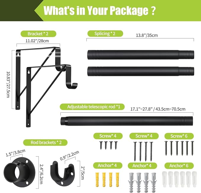 Closet Rod, 17 to 51 Inch Clothes Rods 1.3 Inches Heavy Duty Adjustable Closet Pole for Hanging Clothes and Heavy Duty Hanging Clothes Rod Bracket Closet Pole Support (Black)