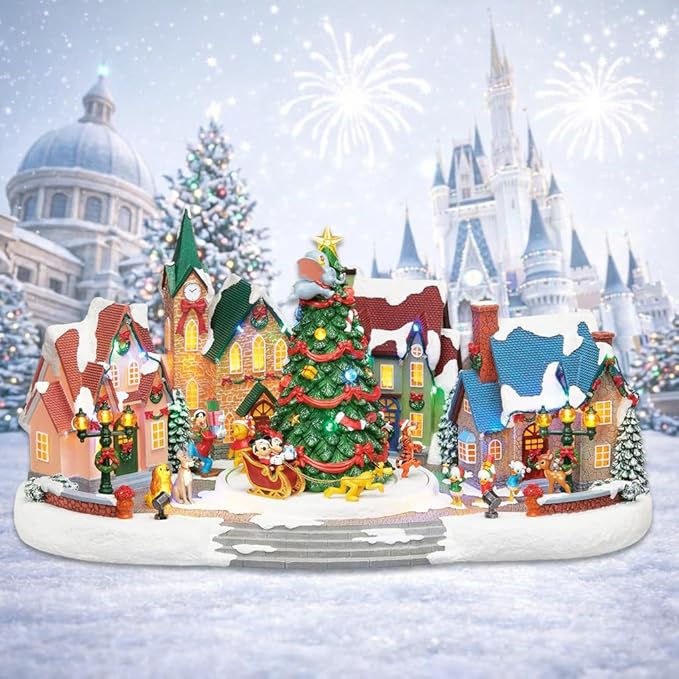 MOMENTS IN TIME Animated Disney Holiday Town Scene 10.5” Christmas Tree Christmas Village, LED Lights, Music & Motion Handcrafted Polyresin Village Power Adapter Included