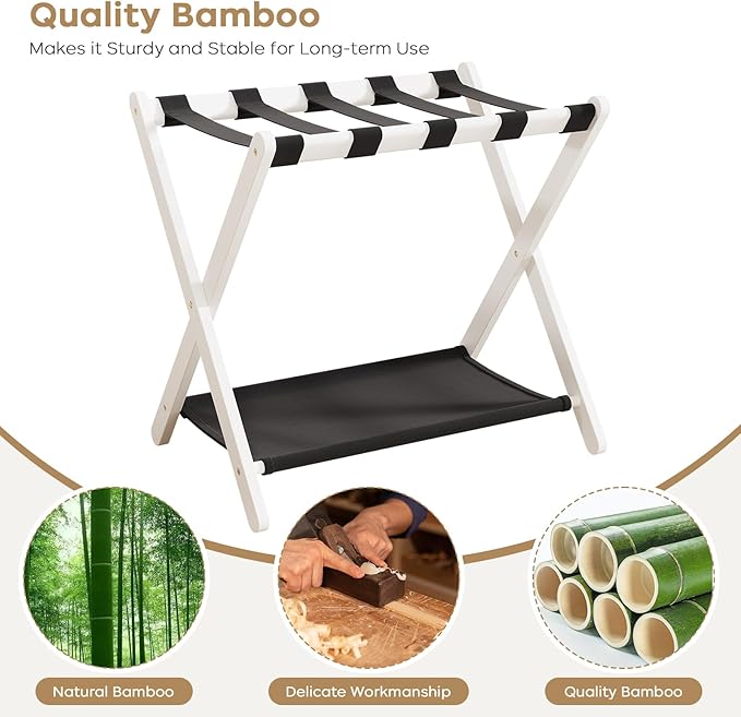 Fully Assembled 2 Pack Luggage Rack with Fabric Storage Shelf, 26.77" Bamboo Folding Luggage Rack for Guest Room, Luggage Stand Holder, Thickened Suitcase Stand Holds up to 165 Lbs, White