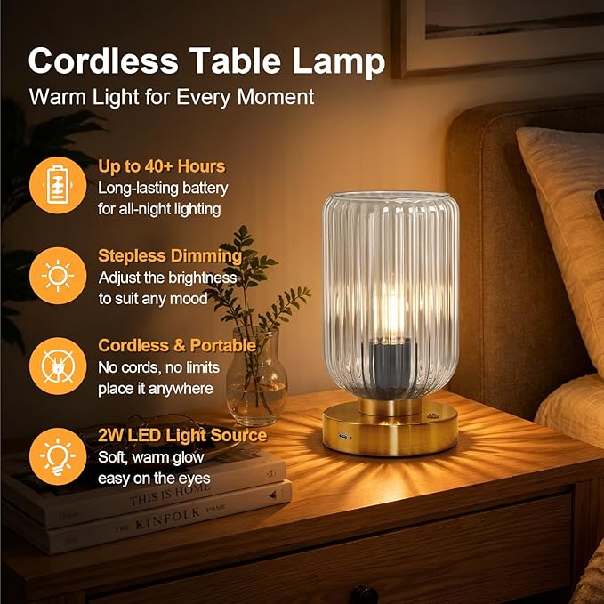Touch Table Lamp for Nightstand - Small Bedside Lamps for Night Stands Bedroom Living Room, Dimmable Rechargeable Desk Lamp Battery Operated with Clear Glass Shade, Bulb Included