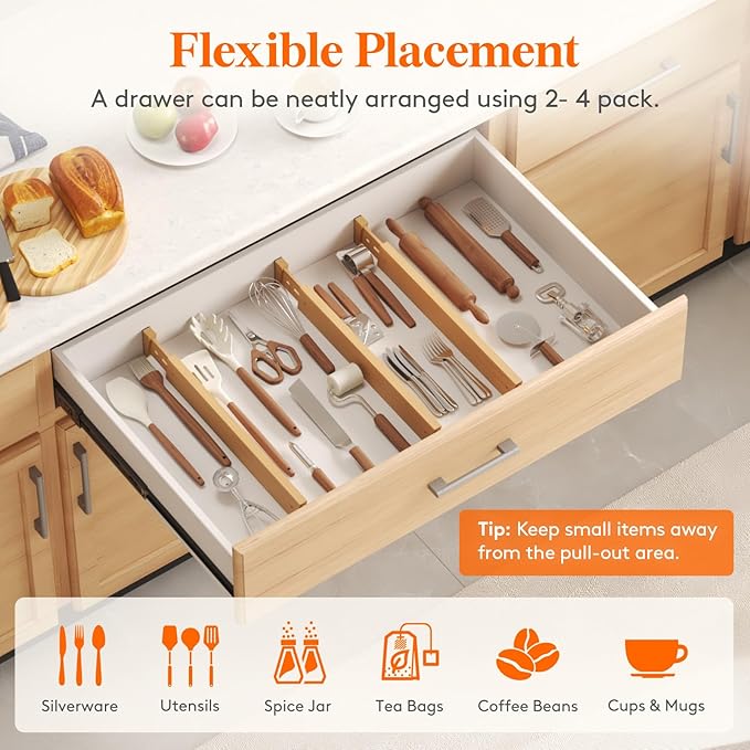 Lifewit 2.4" High 6 Pack Bamboo Drawer Dividers 45-55cm/17.5-22" Adjustable Wooden Drawer Organizer for Clothes/Utensils, Expandable Drawer Separator for Dresser/Kitchen/Bedroom/Office Organization