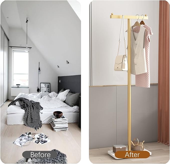 Gold Coat Rack Freestanding Heavy Duty Clothes Rack Stand for Entryway, Bedroom, Living Room, Boutiques-15.7''L,GOLD