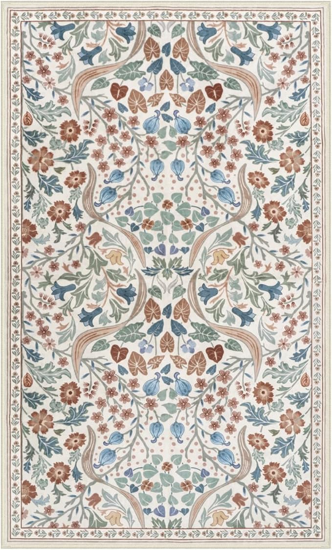 Moynesa Floral Washable Area Rugs, 3x5 Rugs for Bedroom Non Slip Soft Entry Rug, Boho Flower Small Living Room Throw Rug Ultra Thin Floor Carpet for Dorm Bathroom Nursery, Beige