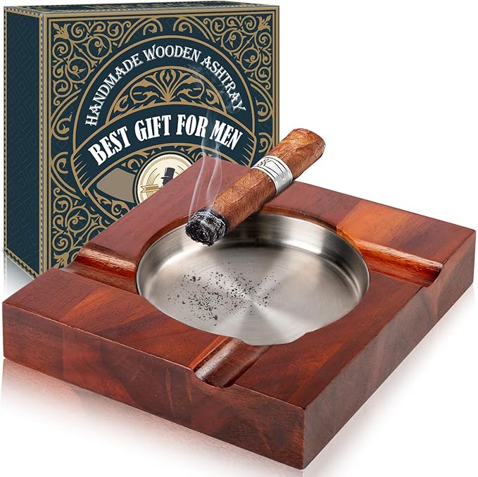 Father Day Gifts Wood Cigar Ashtray Cigarettes Ashtrays for Indoor Outdoor Patio Home Office Use Square Wooden Brown Cigar Ash Tray Father s Day Gift Ideas for Men with GIFT BOX(Large Size)