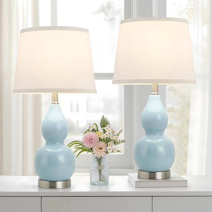 GyroVu 22" Table Lamp Set of 2, Color Temperature Adjustable Double Gourd Ceramic Lamps Classic Nightstand Table Lamps for Bedroom Beside Lamps for Living Room, Sky Blue-Bulbs Included