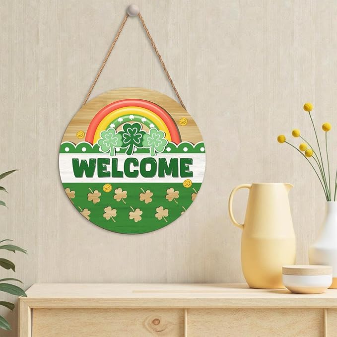 Happy St. Patrick's Day Rainbow Wooden Hanging Sign 12x12 Inch St. Patricks Day Welcome Shamrock Wreath Sign for Front Door Decor,Irish Spring Farmhouse Wood Wreath Indoor Wall Hanging Decoration