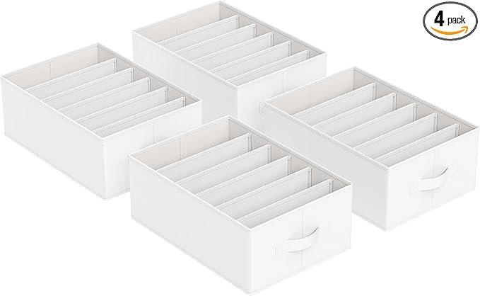SONGMICS Set of 4 Large Size Wardrobe Clothes Organizers, 6-Compartment Foldable Drawer Organizers with Handles, 16.5 x 11.8 x 6.7 Inches, for Pants, Sweaters, Jeans, Cloud White URUS009W04