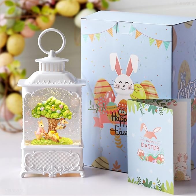 Easter Snow Globe Lantern Bunny Tree with Timer, USB and Battery Powered, Easter Decorations for Home Bunny Eggs Tree Chicken