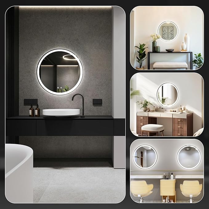 DUMOS 28 Inch Round LED Bathroom Mirror with Lights, Circle Vanity Mirror with Anti-Fog, Dimmable, 3-Color Light, Front Light and Backlit, Memory Function, Tempered Glass