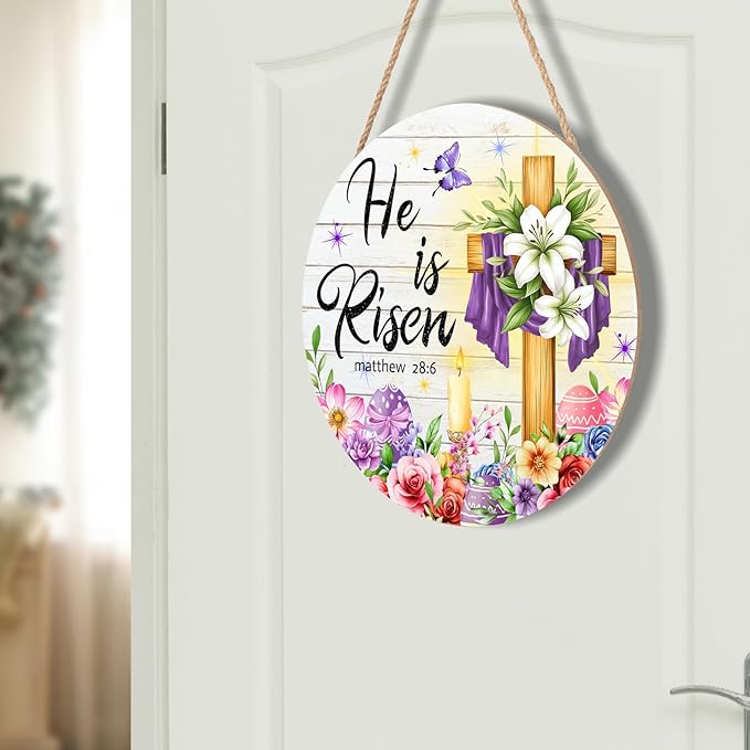 Harooni Easter Decorative Sign, 12x12in Modern Wooden Door Mount, Pastel, Bright, He is Risen, Twine, Rope