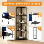5-Tier Corner Shelf Stand,Tall Narrow Bookshelf for Small Spaces,Rustic Wood & Metal Storage Shelf,Display Plant Stand with Anti-Tip Straps for Bedroom,Living Room,Bathroom,Black