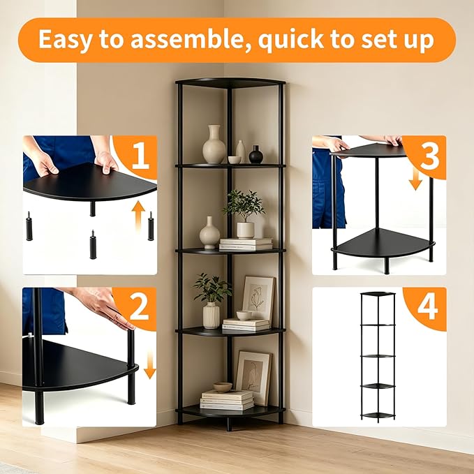 5-Tier Corner Shelf Stand,Tall Narrow Bookshelf for Small Spaces,Rustic Wood & Metal Storage Shelf,Display Plant Stand with Anti-Tip Straps for Bedroom,Living Room,Bathroom,Black