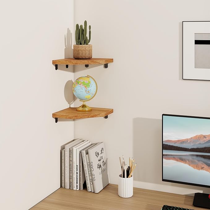 Fun Memories Corner Shelf Wall Mount, Solid Oak Wood Floating Corner Shelves with Cable Hole, 7in Rustic Design for Bedroom, Bathroom, Kitchen, Living Room (Natural, 1 Pack)