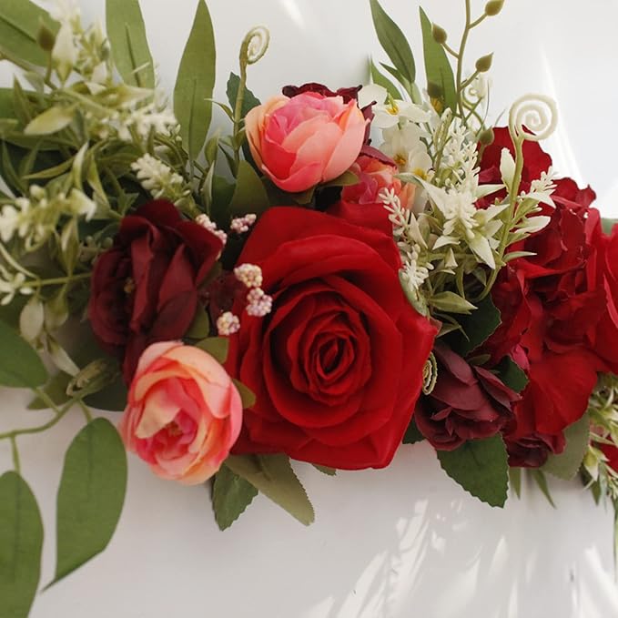 Wedding Arch Flowers, 25.6 Inch Artificial Rose Flower Swag, Decorative Rose Floral Swag for Lintel, Green Leaves Flower Garland for Home Garden Wedding Door Decor (Red)