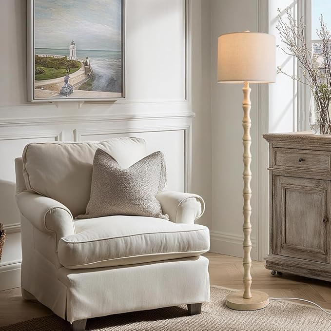 BOBOMOMO 62" Rustic Farmhouse Floor Lamp Antique White with Remote & Dimmable 9W Bulb, 3 Color Temperatures Resin Standing Lamp, Retro Tall Lamp for Living Room, Bedroom, Nursery, Office, Reading Nook