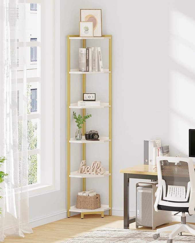Hzuaneri Corner Shelf Stand, Corner Bookshelf, Storage Standing Shelf Unit with Metal Frame, Plant Stand, Bookcase for Living Room, Home Office, Bedroom, 6-Tier White Gold CS06003A