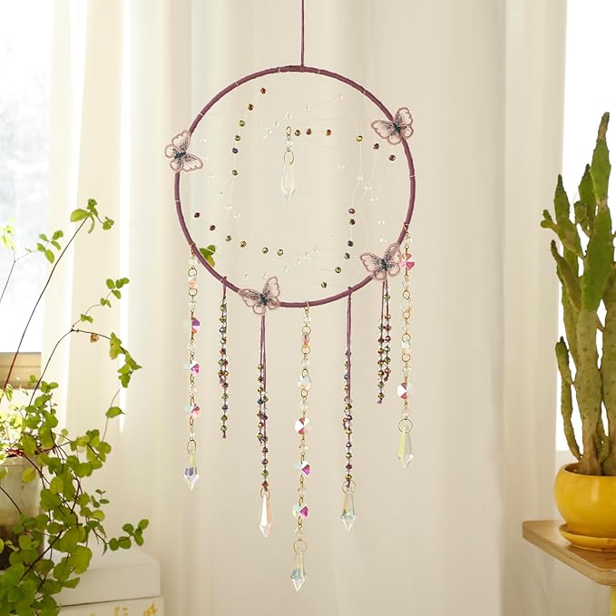 Artilady Butterfly Dream Catchers with Crystals - Large Boho Purple Moon Dream Catcher Wall Decor Home Decorations Girls Kids Baby Bedroom Room Decor Christmas Birthday Teen Girl Boys Gifts
