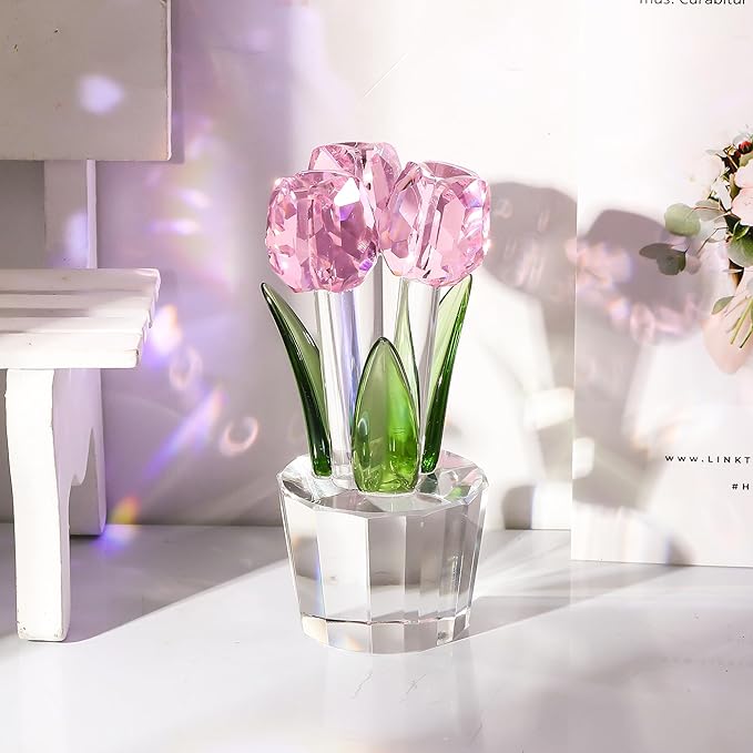 Movdyka Tulips Glass Flowers Figurines Crystal Decor Collectible Crystal Pink Flowers Bouquet Ornaments Mothers Day Tulip Gifts for Mom Women on Anniversary Wedding Christmas Valentines