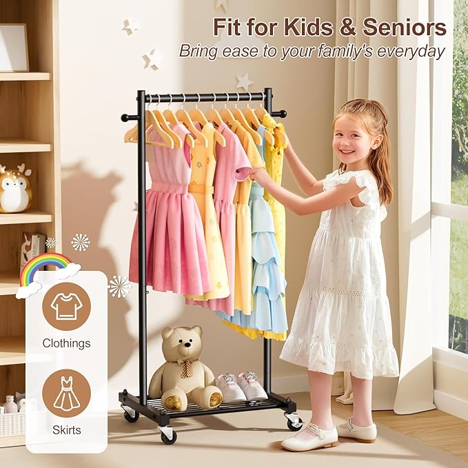 MISSLO Small Clothing Racks for Hanging Clothes 45" Short Clothes Rack with Shelves Metal Rolling Garment Rack with Wheels for Small Space, Closet, Wardrobe, Adults & Kids, Black