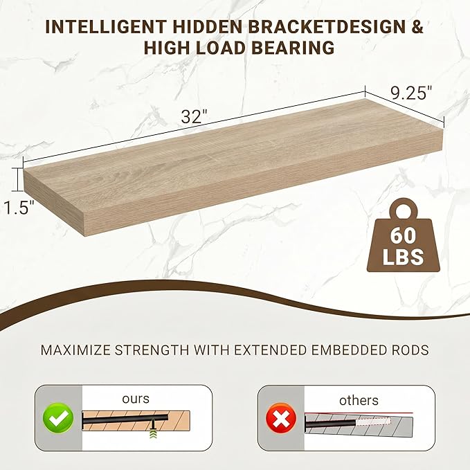 Acovy 32 Inch Floating Shelves, 3D Textured Wood Grain, 32"x9.25"x1.5" Inch Deep Floating Shelves for Wall, Wooden Shelves for Bathroom, Bedroom, Living Room, Vintage White Oak, 2 Pieces