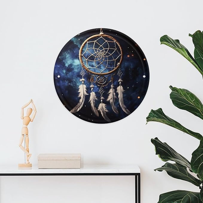 Wall Picture, with White Fantasy Dream Catcher Printed Circular Iron Hanging Picture,Wall Art Decor,Home for Bedroom Living Room Bathroom Decor,Iron Painting 11.8X11.8 in