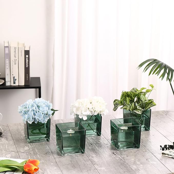Square Green Glass Vases Set of 6, 5" x 5" x 5" Flower Vases for Centerpieces, Square Vase for Centerpieces, Small Vase for Wedding, Party, Home Office Decoration
