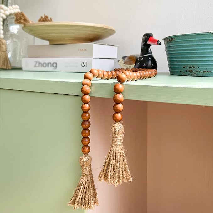 Meplait 39in Wood Bead Garland Farmhouse with Tassels,Versatile Prayer Beads Boho Chic Wall Hanging Home Decor (Brown)