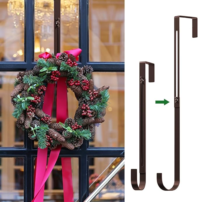Wreath Hanger for Front Door,Adjustable Metal Wreath Hanger from 12-20", Hold Up 20lb, Indoor or Outdoor Over The Door Wreath Hook Hanger for Easter Spring Halloween Xmas Wreath Decorations (Bronze)
