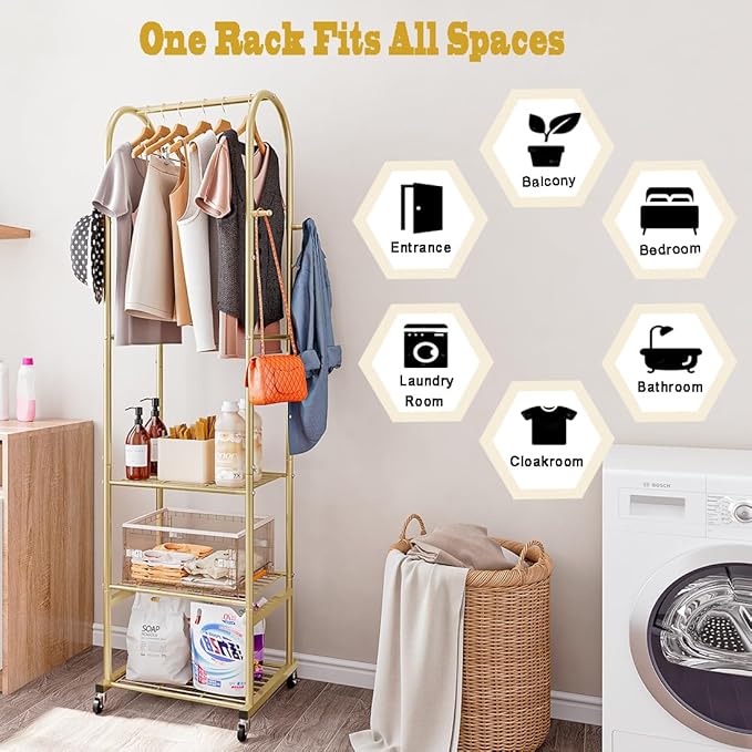 SUOERNUO Clothes Rack With Wheels and 3-Tier Metal Shelves,Clothing Rack For Hanging Clothes With 4 Hooks,Garment Rack Wardrobe Organizer for Small Space,Black (gold, 16.54 * 18.23 * 72.05)