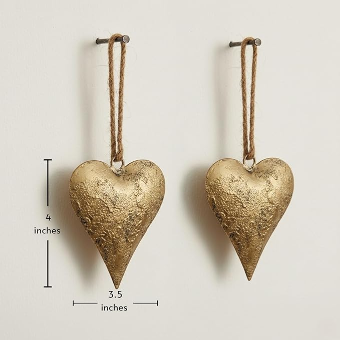 Rustic Iron Wall Accent for Home Decor | Handmade Metal Hanging Décor with Jute Rope | Golden Heart Design (4" & 3.5") Indoor & Outdoor Decoration (Set of 2)