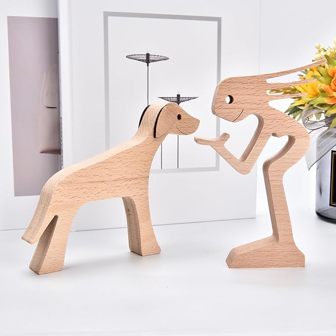 ISHINE Wood Decor Wooden Statue Man and Dog Figurine Handmade Carved Creative Home Office Gift for Men Women Accents Decoration Natural ECO Friendly 7x3 inches (B-Woman Kisses Dog)