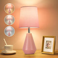 Small Bedside Table Lamp for Bedroom - Reading Desk Lamp with 3 Color Temperatures，15.5" Nightstand Ceramic Lamp with Fabric Shade for Kids Room,Living Room,Dorm,Home Office (Pink)