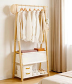 Bamboo Clothes Rack with Storage Box and Storage Shelf, Portable Extra Large Garment Rack Clothing Rack, Foldable Wardrobe For Entryway and Bed Room (S - 31.5 Inch)