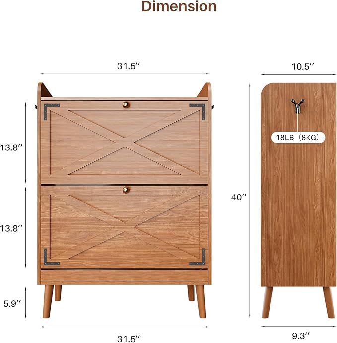 Shoe Storage Cabinet with 2 Flip Drawers, Entryway Shoe Cabinet with 2 Metal Hooks & Adjustable Shelves Freestanding Shoe Organizer Narrow Shoe Rack for Entrance Hallway Foyer Front Door,Walnut