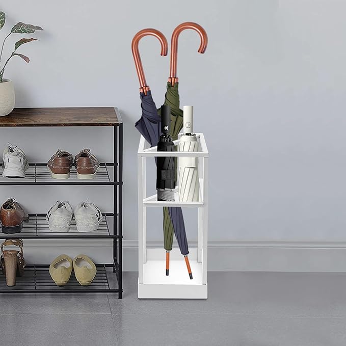 DouSeiAi 20 Inch Geometric Umbrella Stand, Metal Freestanding Umbrella Rack with Shelf, Entryway Organizer with Bottom Drip Tray for Drip Dry, Holds Umbrellas, Canes, Walking Sticks (White)