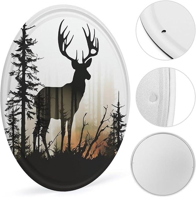 Wall Picture, with Deer Silhouette Printed Circular Iron Hanging Picture,Wall Art Decor,Home for Bedroom Living Room Bathroom Decor,Iron Painting 11.8X11.8 in