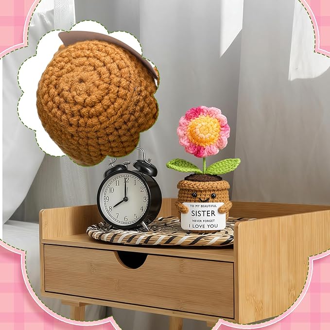 Wavwavw Sister Gifts Handmade Crochet Doll with Card Crochet Present for Sisters Sis Big Little Sister Birthday Wedding Home Decor (Pink Sunflower)