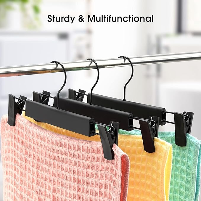 Clothes Pants Hangers, Space-Saving Skirt Holders with 360 ° Swivel Hooks, Adjustable Clips, Trouser Hangers, Clothes Coat Garment Jeans Hangers (20 Pack, Black)