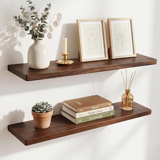 36 Inch Floating Shelves, Solid Wood Wall Shelves, 8 Inch Deep Floating Shelf – for Bathroom, Bedroom, Living Room, Kitchen, Home Decor & Storage, Heavy-Duty Wooden Shelf Wall-Mounted, Set of 2