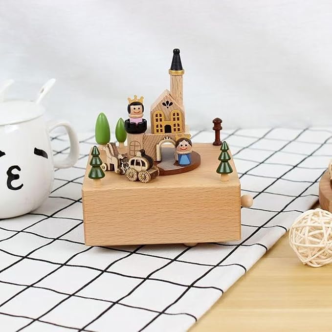 Natural Solid Wood Handcrafted Beech Wooden, Musical FigureTotoro/Carousel/Fairy/Ballerina Figurine,Rotating Hand Crank Mechanism Music Box,Musical Decorations (Prince and Princess)