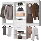 ROOMTEC Modular Closet System, 72" Wall Mounted Closet Organizer with Hanging Rods and Drawers, Wooden Tower for Walk-In Closets, Wardrobe Storage Kit, White
