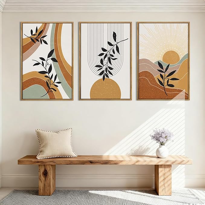 BINCUE Extra Large Boho Abstract Wall Art Abstract Line Wall Decor Mid Century Modern Artwork Boho Plants Wall Pictures Orange Abstract Paintings Orange Art Prints for Living Room Bedroom Office 24x36 Inches 3 Pieces