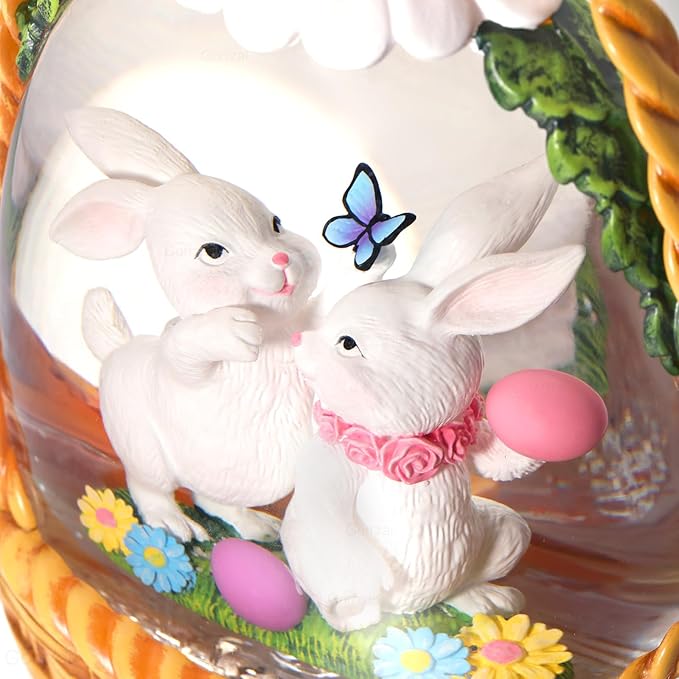 Easter Snow Globe Lantern Easter Decorations for Home with Timer Swirling Glitter, Lighted Easter Decor Indoor Easter Gifts with Easter Basket Bunny Eggs, USB or Battery Operated