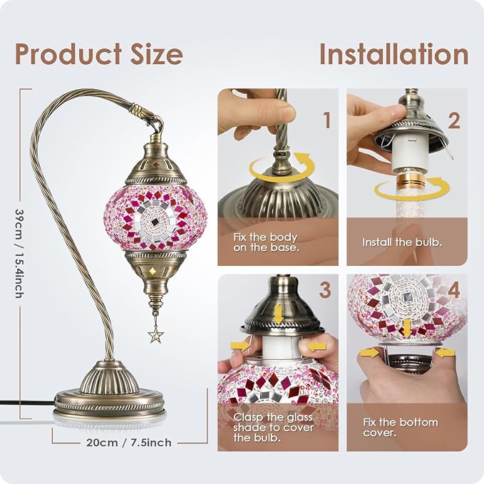 Yarra-Decor Turkish Moroccan Lamp with Bronze Base 3 Color Options Handmade Swan Neck Tiffany Mosaic Glass Bedside Lamps for Bedroom (LED Bulb Included) (3)