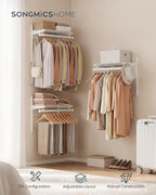 SONGMICS HOME Closet System, Closet Insert Organizer, 2-4 ft, Adjustable Metal Shelving Unit with 4 Hanging Rods, 4 Shelves, and Hooks, for Pantry Mudroom Garage Basement, Cloud White URGR031W01