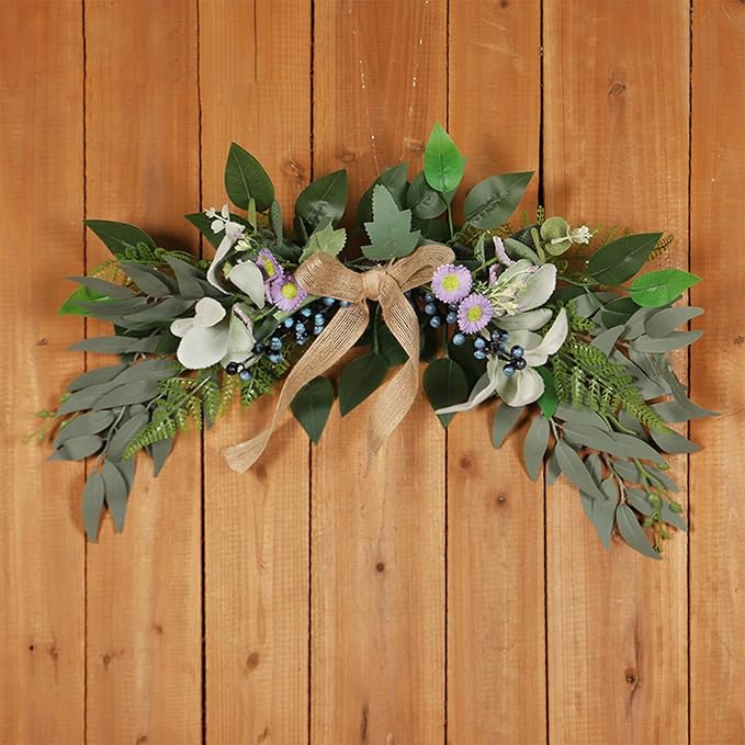 Artificial Flower Swag with Daisies, Berries & Bow, 21.7 Inch Farmhouse Greenery for Wedding, Wall, Door Decor